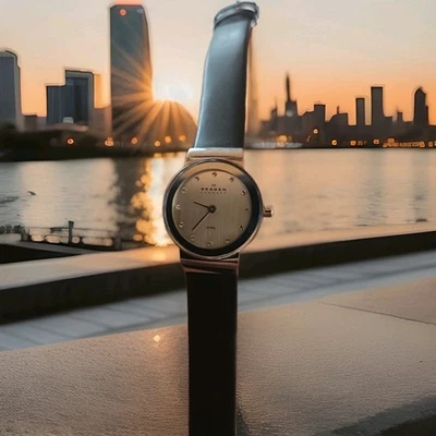 Reloj de pulsera Skagen 358XSSLBC para mujer de cuero negro con esfera analógica de cuarzo 7" MAX  Foto 1 de 4