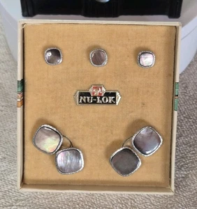NEU Nu-Lok Vintage Abalone Manschettenknöpfe & Hemd Nieten 5-teiliges Set Neu im Karton  - Bild 1 von 9