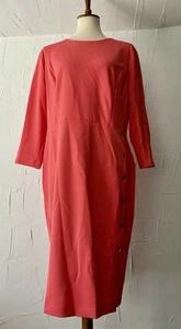 London Style Dress 14 Sheath  Coral Peach Golden Buttons Stretch 3/4 Sleeve Easy - Picture 1 of 19