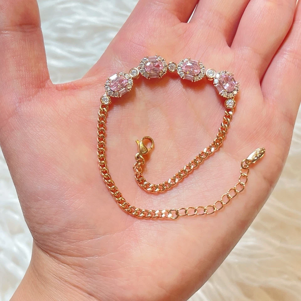 Brazalete Tenis Chapado en Oro Rosa Cristal Rosa con Eslabón Ajustable Foto 1 de 4