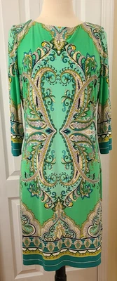 London Times Dress Size 14 Pull On Green Paisley 3/4 Sleeve - Image 1 of 4