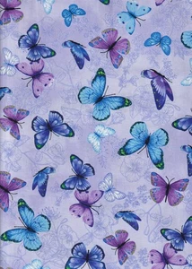 Blue Purple Butterflies Cotton Fabric - Picture 1 of 2