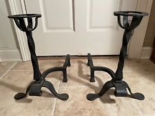 Arts & Crafts Style Wrought Iron Fireplace Andirons Top Holds Pillar Candle