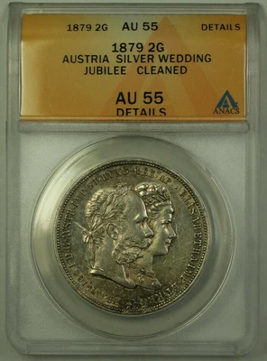 1879 Austria 2 Gulden Silver Coin Wedding Jubilee ANACS AU-55 Details - Image 1 of 2