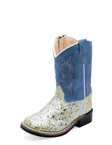 Old West Western Boots Girls Glitter Zip Square Silver VB1082 - Picture 1 of 1