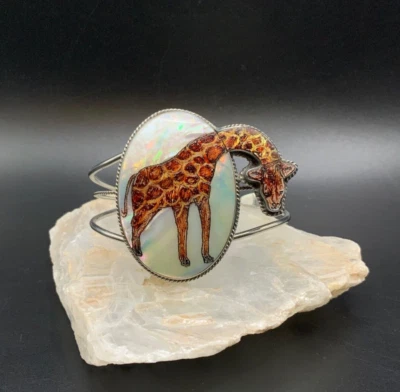 Large Giraffe Cuff Silver tone with Abalone Oval Bracelet Animal Lover Gift - Image 1 of 4