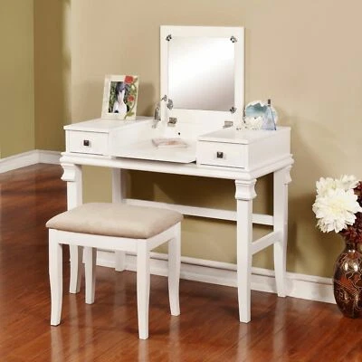白色3件套梳妆台套装镜面木桌米色凳子化妆抽屉卧室书桌 — 第 1/3 张图片