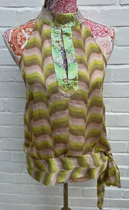 New Karen Millen Halterneck Top Silk Green Beige UK 12 Blouse Summer Sequins - Picture 1 of 11