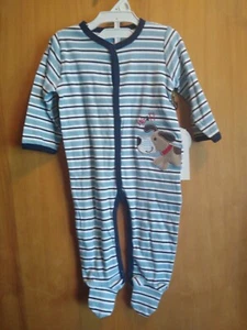 NWT Sweet &Soft Paris Striped Footed One Piece Button Up Sleeper With Dog Detail - Picture 1 of 4