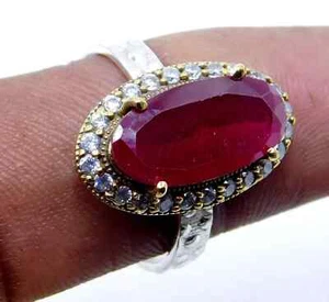 5.2 Gm Lab-Created Ruby Cut Stone 925 Sterling Silver Ring Two Tone Ring Size 9" - Picture 1 of 3