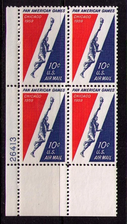 US USA Sc# C56 MNH FVF PLATE# BLOCK Runner Holding Torch Pan American Games - Image 1 of 1
