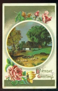 GEBURTSTAGSGRÜSSE Cottage Szene Mann Ruderboot Enten Rosen Vintage Postkarte - Bild 1 von 1