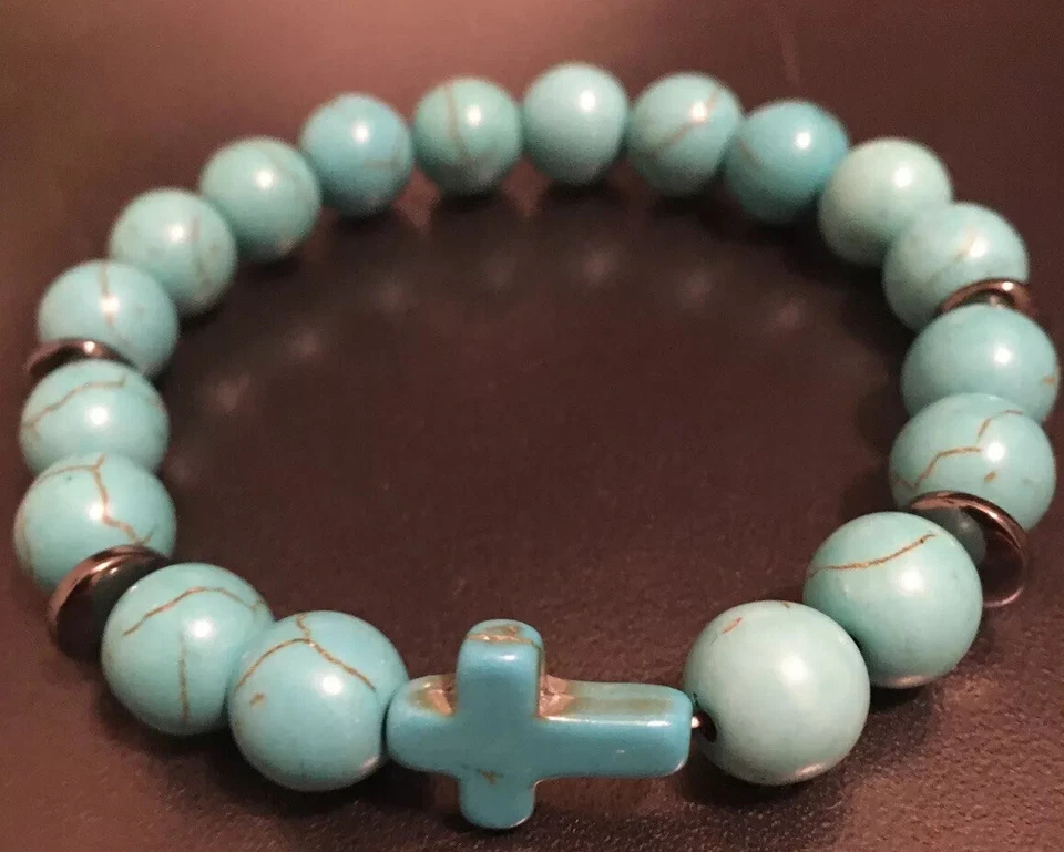 Mens 8” Turquoise Green Gemstone Howlite Beaded 10mm Stretch Bracelet Cross Gift - Image 1 of 4