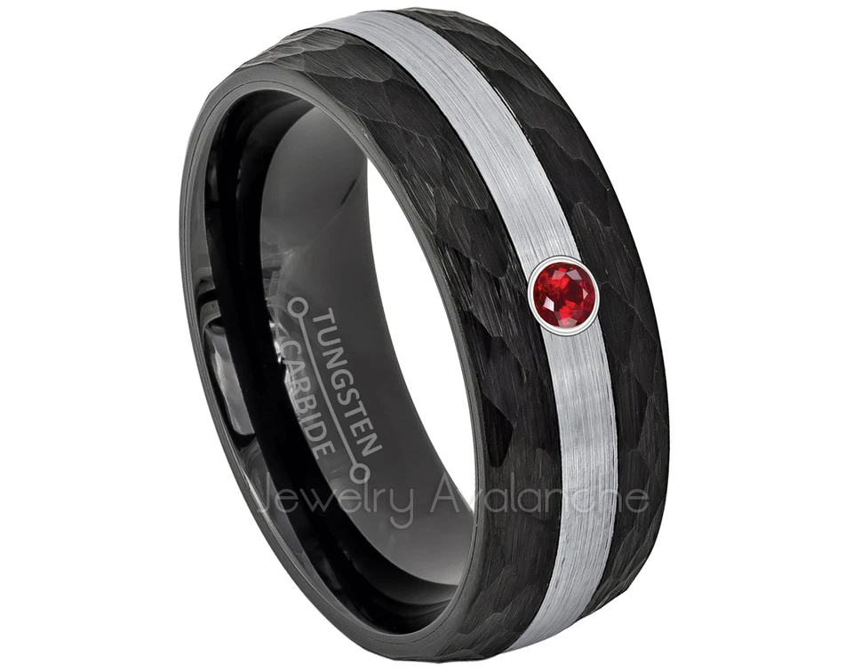 Anillo de tungsteno martillado de 2 tonos 0,07 quilates anillo de rubí para hombre, anillo de piedra de nacimiento de julio #622 Foto 1 de 1