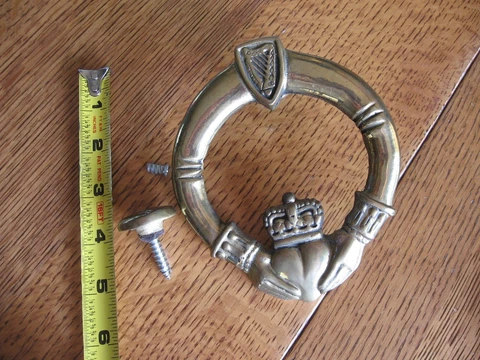 Vintage Heavy Solid Brass Door Knocker - Heart, Hands, Crown - 4.5” Cover