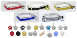 Cat / Kitten Leather Collar with Safety Elastic, Bell & Personalised Pet Tag - Picture 1 of 11