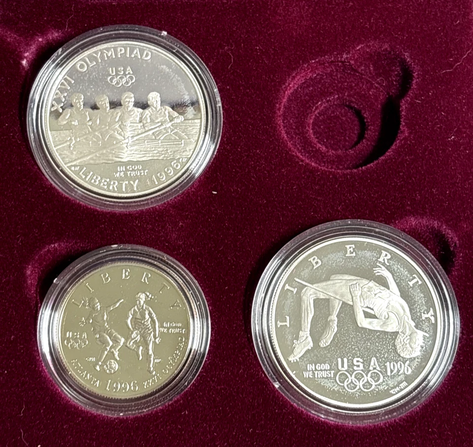 1996 Atlanta Olympics Commem PROOF Silver Dollars - Rowing/High Jump+1 Clad 50c - Image 1 of 4