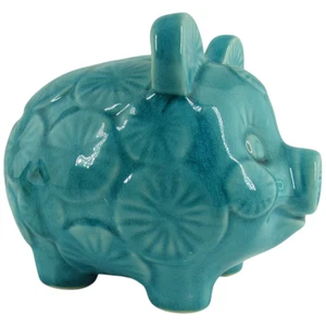 Turquoise Ceramic Piggy Bank Coin Saver Retro Flower Design Kid Gift Home Decor - Picture 1 of 7