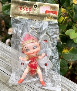 Neu 1960er roter Pixie Bug Weihnachtsschmuck Tüll Flügel Japan Vintage Fee Gold - Bild 1 von 10