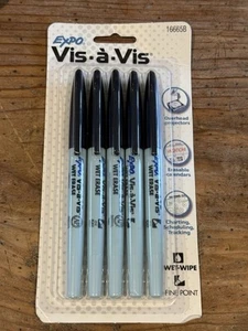 EXPO Vis-A-Vis WET ERASE Fine Point BLACK Markers #16665B SET OF 5 New Old Stock - Picture 1 of 7