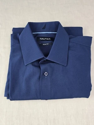 Camisas sociais masculinas Nautica slim fit manga longa azul marinho sólido gola média 15-15,5 - Imagem 1 de 4