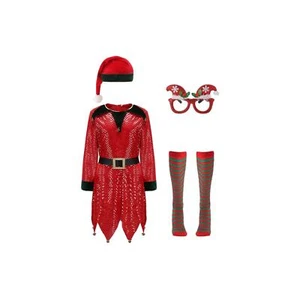 Kids Elf Costume Dress for Girls Hat Glasses High Socks Bells Size 8-9 - Picture 1 of 6