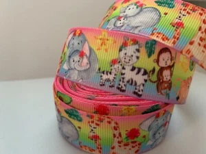 Grosgrain Cute Elephant Zebra Monkey Pastel Ribbon 1" 25mm - Picture 1 of 1