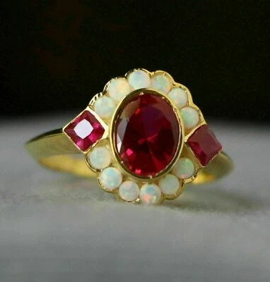 2Ct Oval  Lab-Created Ruby Halo Fire Opal 14K Yellow Gold Plated Engagement Ring - Image 1 of 4