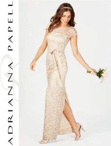 Adrianna Papellkappe Ärmel Illusion Ausschnitt gehäkelt Spitzenkleid Champagner Gr. 4 - Bild 1 von 17