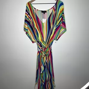 Eloquii Wrap Around Midi Dress 24 Liquid Rainbow V-Neck Tie Waist NWT - Picture 1 of 5