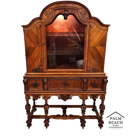 Antique China Cabinet in Walnut by HELLAM FURNITURE Co 1920s Rolling Cover