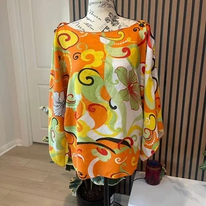 Dalin Womens Orange Floral Print Long Sleeve Tunic Blouse Top L boho artsy febe - Picture 1 of 8
