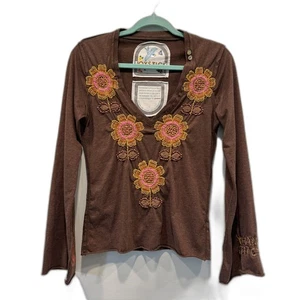 Johnny Was Joystick Top Floral Hand Stitched Festival Retro Brown Women sz Large - Picture 1 of 9