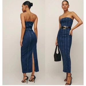 Reformation Anais trägerloses Denim Midikleid in Griffin Größe 8 neu ohne Etikett - Bild 1 von 9