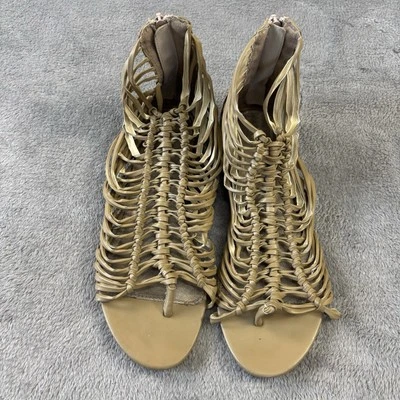 Mia Sandals Women 8.5 Strappy Gladiator Flat Thong Faux Leather Zip Closure Gold - Image 1 of 4