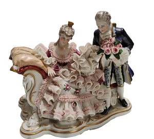 Antique Muller Volkstedt Dresden Germany Floral Chaise Lounge Couple Figurine 7" - Picture 1 of 13