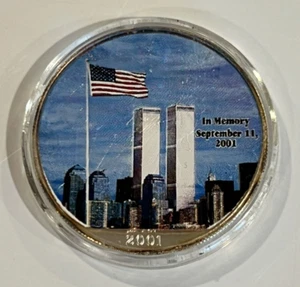 2001 Colorized 1 dollar American Silver Eagle 911 Twin Towers Flag September 11 - Picture 1 of 5