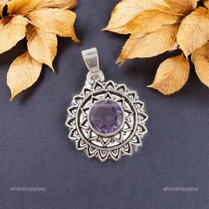 925 Solid Silver Round Cut Iolite Gemstone Wife Handmade Daily Wear Boho Pendant - Picture 1 of 6
