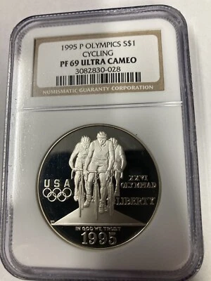 1995-P Cycling Olympics Silver Dollar NGC PF69 Ultra Cameo Coin Free Shipping - Image 1 of 2