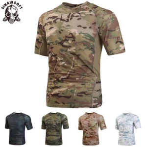 Airsoft Mens Tactical Short Sleeve T-Shirt Military Quick Dry Army Camo Shirts - Picture 1 of 17