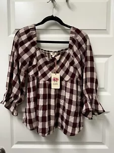 Entro Womens Ruffle Peplum Blouse Checkered Plaid Red White Medium - Picture 1 of 11