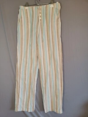 Chadwicks 100% Linen Pants Womens Size 4 Blue Tan White Stripe Button Fly  - Image 1 of 4