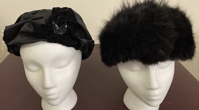 1960’s Era Vintage Hats, One Black Satin And Velvet, One  Faux Fur - Image 1 of 4