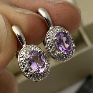 Sterling Silver Natural Oval Amethyst & Diamond Chip Drop Earrings - Picture 1 of 11