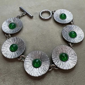 Vntg Jorgen Jensen Denmark Pewter Green Glass Cabs Bracelet - Foto 1 di 15
