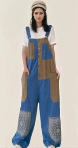 Patchwork Oversize Übergröße lockere Denim Latzhose Damen farblich kontrastierend - Bild 1 von 9