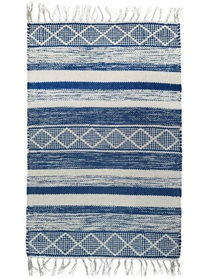 DivineHandicrafts Cotton Chindi Rag Rug, Blue Striped Pattern, Reversible Floor - Image 1 of 4