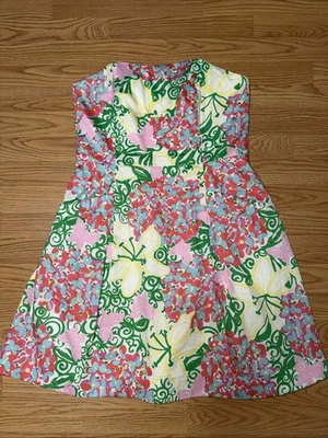 Платье цельнокроеное Lilly Pulitzer без бретелек размер 12 розовое зеленое с цветочным рисунком и карманами!! - Изображение 1 из 4
