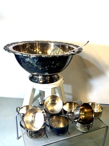 Heavy Vintage Mid Century ONIEDA Silver Plate Punch Bowl Set Ladle w/10 Cup (11C - Picture 1 of 10