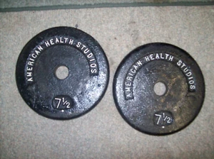 vtg AMERICAN HEALTH STUDIOS 7.5s BarBell BodyBuilding Strongman WEIGHT PLATES - Picture 1 of 2